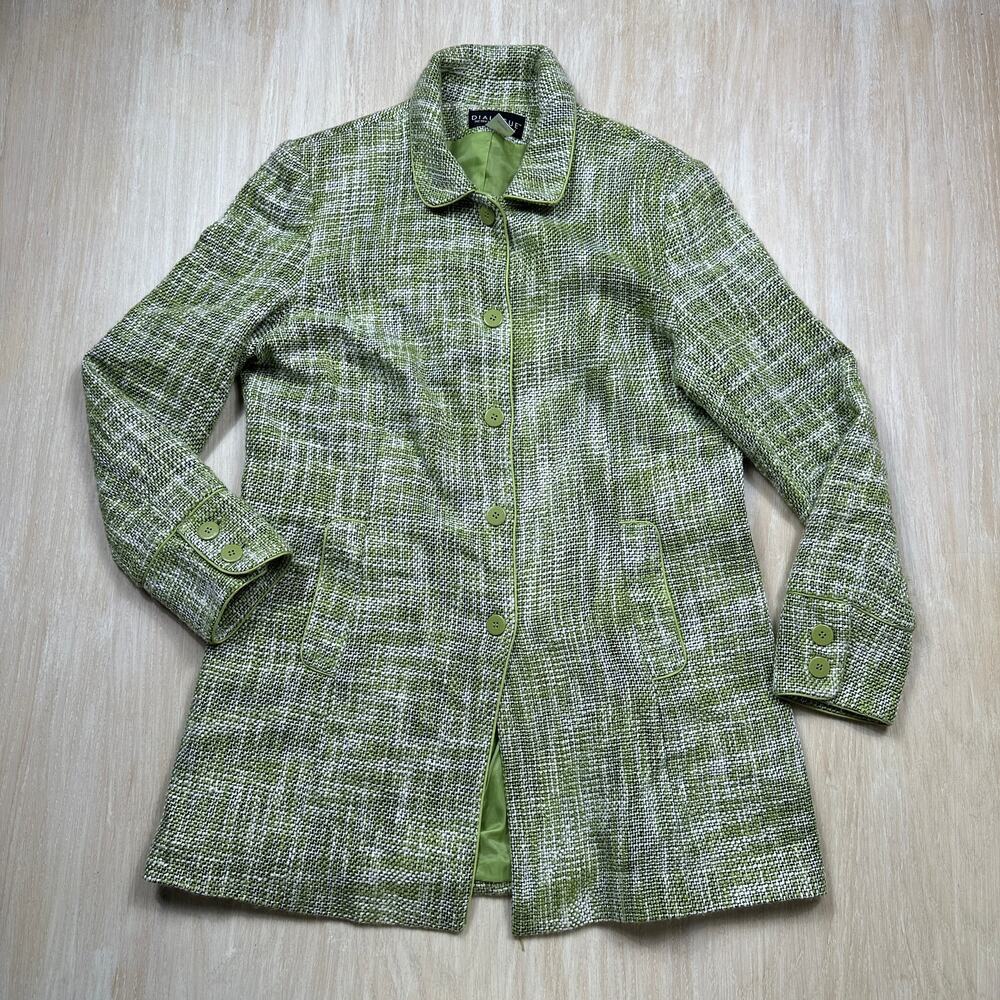 Dialogue Green White Tweed Linen Blend Retro Mod Preppy Car Coat Jacket 10